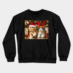 Cute kittens with Santa Claus and reindeer hats and Christmas tree Crewneck Sweatshirt